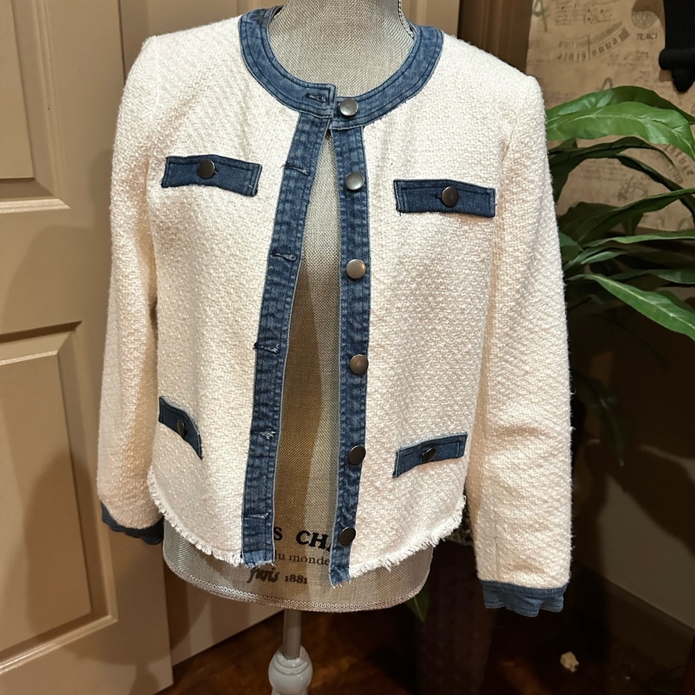 Ecru Cream and Blue Textured Blazer
